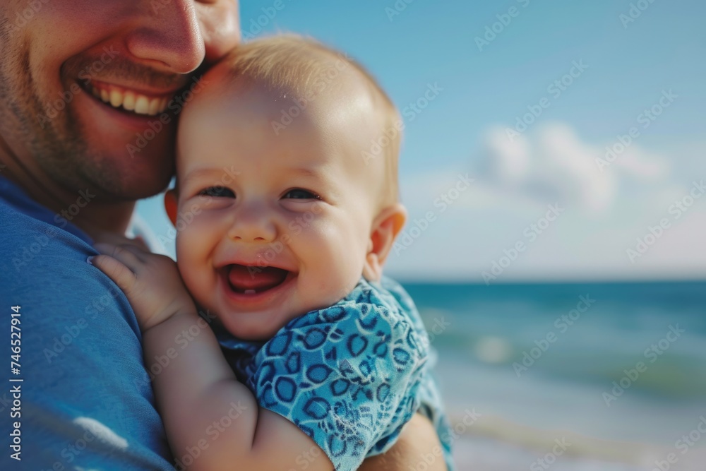 A joyful moment on the beach as a father holds his smiling baby. Fictional Character Created By Generated By Generated AI. A joyful moment on the beach as a father holds his smiling baby. Fictional Character Created By Generated By Generated AI.
