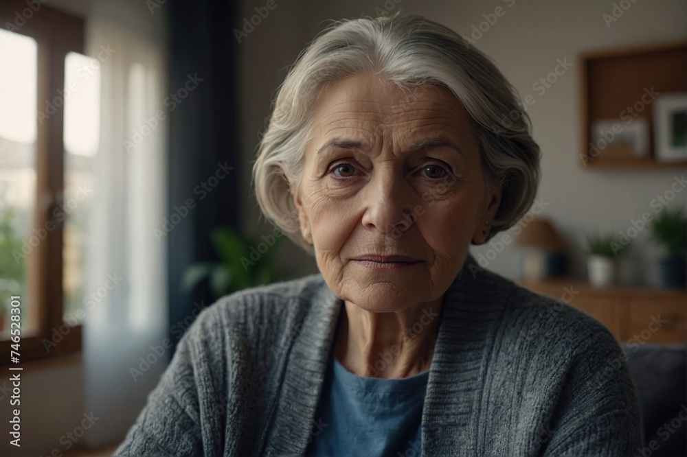 Indoor head shot portrait of serious positive old mature woman in casual looking at camera, posing at home, promoting retirement, elderly healthcare, Senior grandmother woman video call screen Indoor head shot portrait of serious positive old mature woman in casual looking at camera, posing at home, promoting retirement, elderly healthcare, Senior grandmother woman video call screen