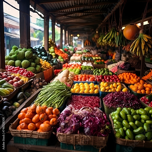 A vibrant vegetable and fruit market with neatly arranged produce.