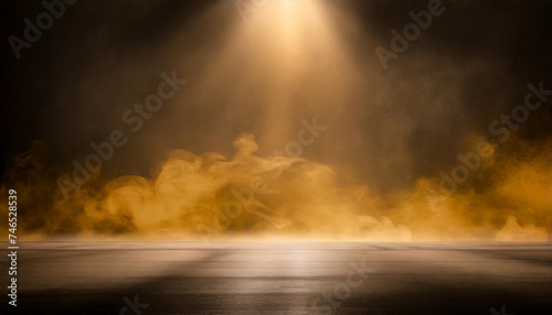 Dark street, asphalt abstract yellow background, empty dark scene, neon light, spotlights The concrete floor and studio room with smoke float up the interior texture for display products, Night view 