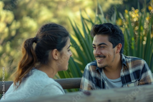 A Young Man and a Young Woman are Sitting on a Bench and Smiling © shelbys