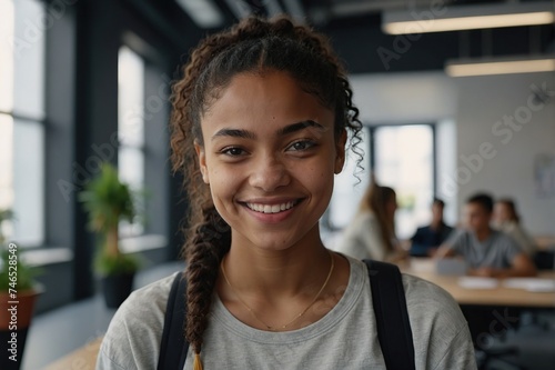 Modern youth representative. Headshot portrait of happy smiling millennial mixed race woman employee student posing in office university,Casual young black female teenager look at camera in good mood