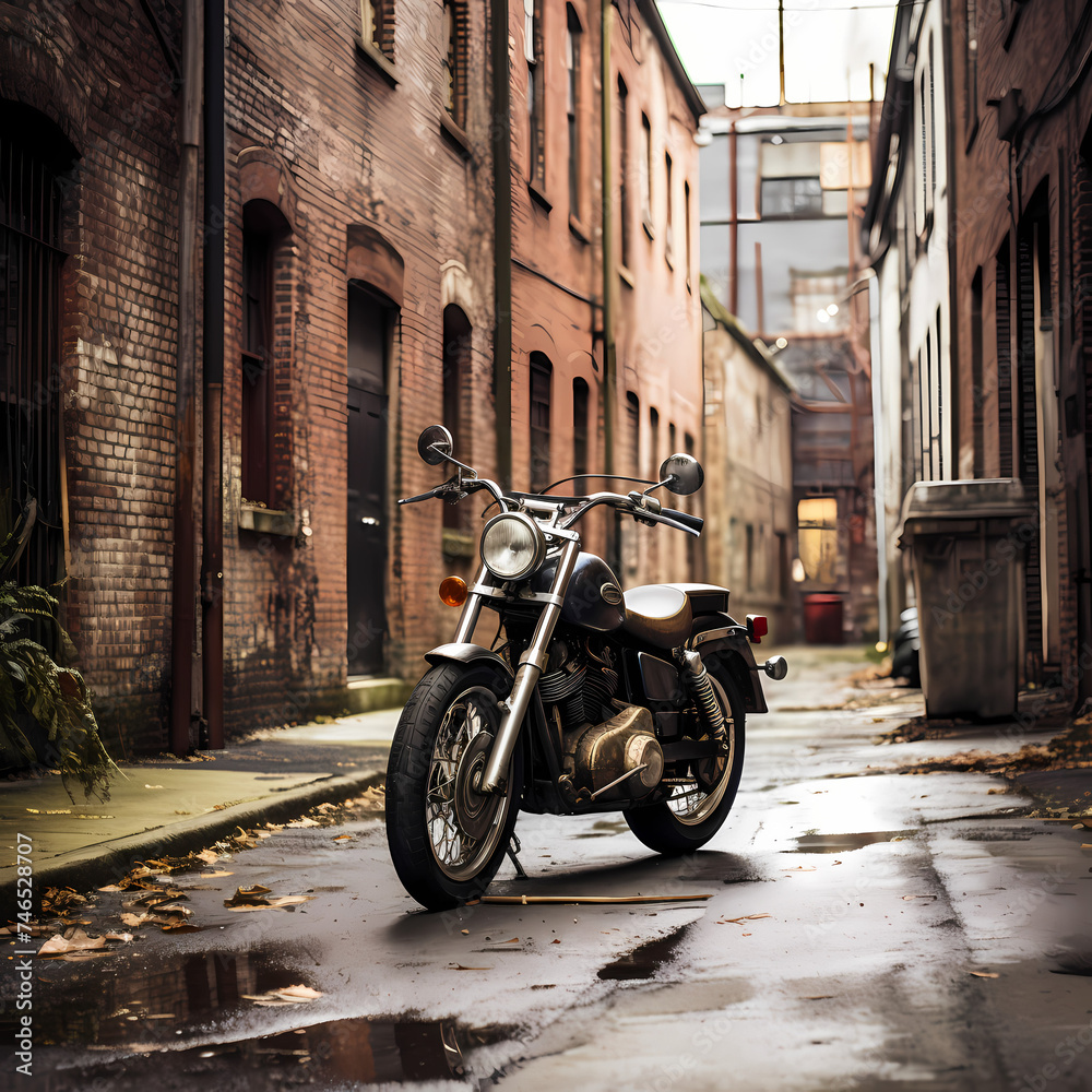 A vintage motorcycle parked in an alley.
