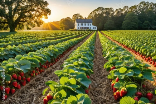 Golden hour illuminates a strawberry field ripe red berries