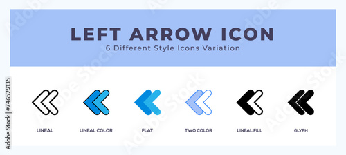 Left arrow icon set with different styles. Icons designed in filled. outline. flat. glyph and line colored. photo