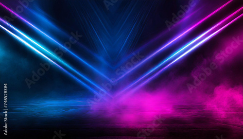 Dark stage shows, blue, and purple background, an empty dark scene, laser beams, neon, spotlights reflection on the asphalt floor, studio room with smoke floating up for display products