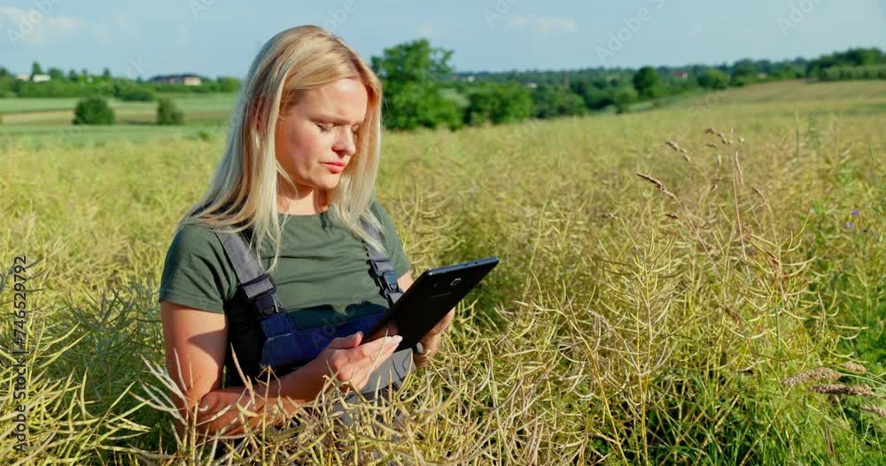 Rapeseed Crop Assessment: Female Farmer Utilizing Digital Tools to Forecast Harvest Yields Rapeseed Crop Assessment: Female Farmer Utilizing Digital Tools to Forecast Harvest Yields