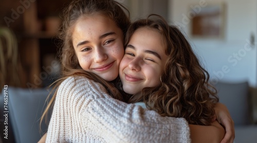 Two beautiful girls hugging each other and smiling. Fictional Character Created By Generated By Generated AI.
