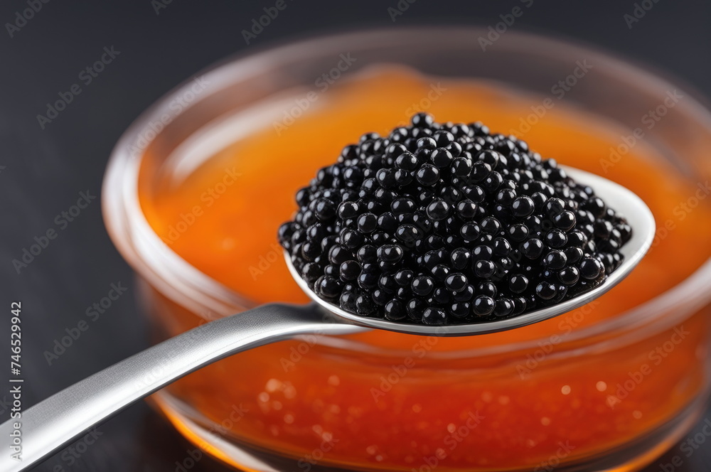 Serving of Black Caviar in Spoon