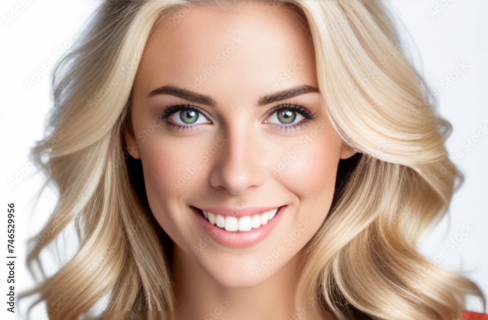 Woman with blond hair smiling, looking into camera in white t-shite on white background. Woman with blond hair smiling, looking into camera in white t-shite on white background.