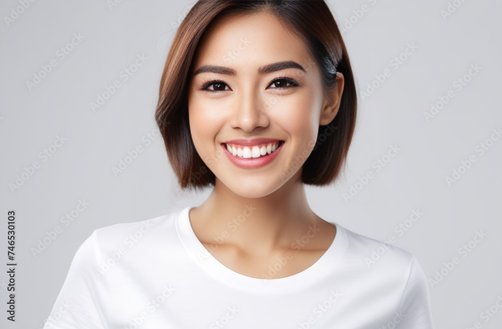 Asian woman smiling, looking into camera in white t-shite on white background. Asian woman smiling, looking into camera in white t-shite on white background.