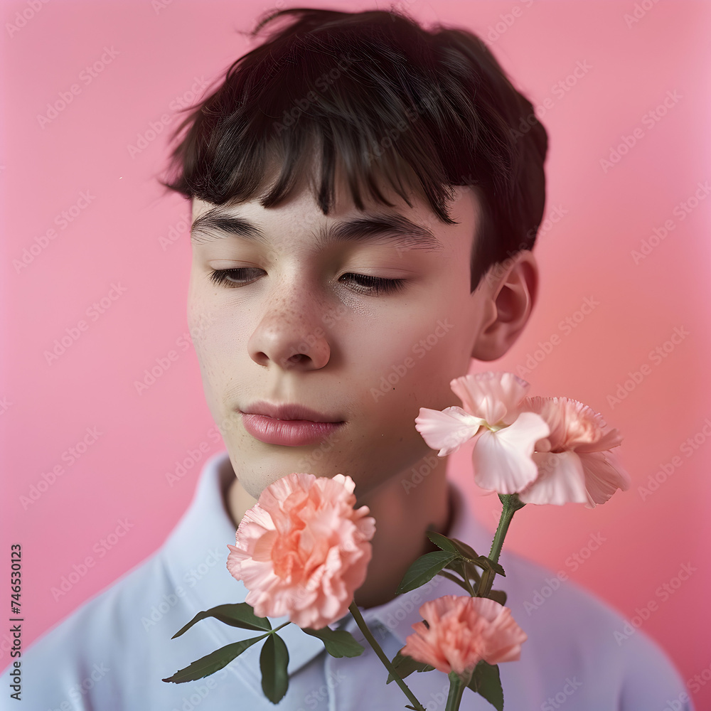 Portrait of boy holding flower for design Spring greeting post Portrait of boy holding flower for design Spring greeting post
