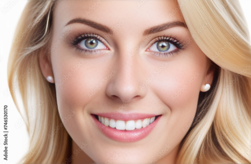 Woman with blond hair smiling, looking into camera in white t-shite on white background. Woman with blond hair smiling, looking into camera in white t-shite on white background.