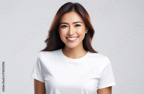 Asian woman smiling, looking into camera in white t-shite on white background.