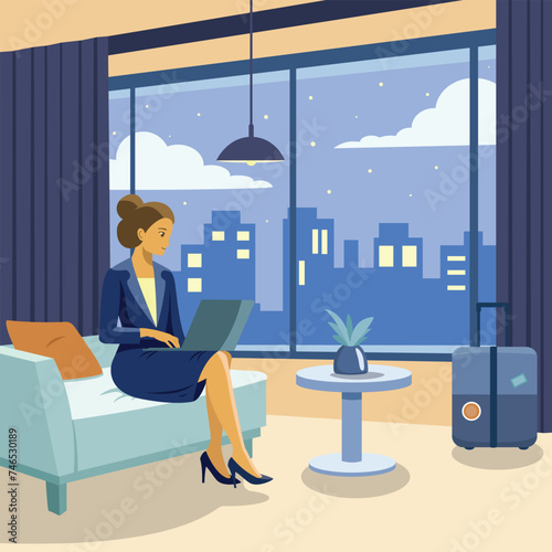 Young businesswoman working on laptop in hotel room and looking at night city through window. Woman sitting on couch.  Booking hotel reservation concept vector flat illustration.