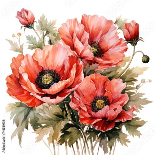 Beautiful composition of watercolor poppy flowers isolated