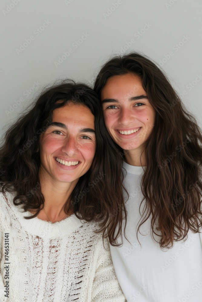 Two beautiful women with long hair stand close together and smile. Fictional Character Created By Generated By Generated AI. Two beautiful women with long hair stand close together and smile. Fictional Character Created By Generated By Generated AI.