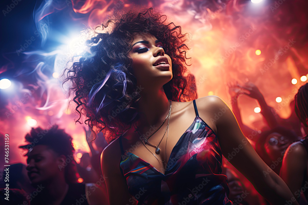 portrait of a young beautiful happy black girl dancing on the dance floor in a nightclub in crowd