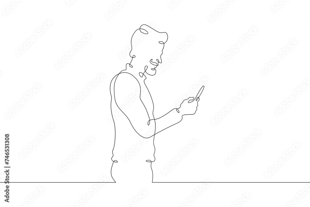 A man stands with a phone in his hand. A man is talking on a smartphone. One continuous line . Line art. Minimal single line.White background. One line drawing.
