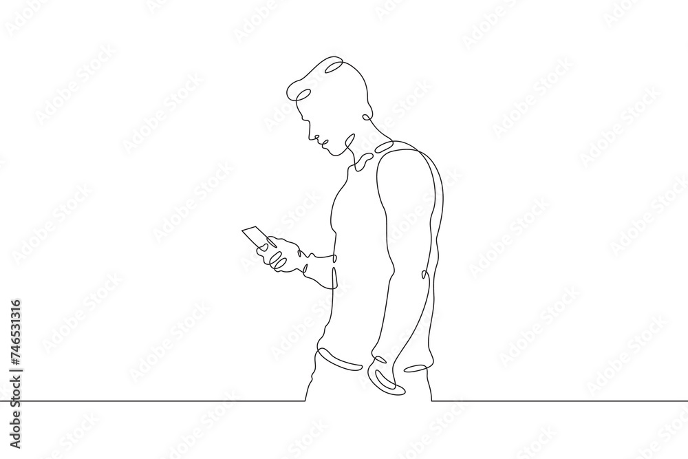 A man stands with a phone in his hand. A man is talking on a smartphone. One continuous line . Line art. Minimal single line.White background. One line drawing.