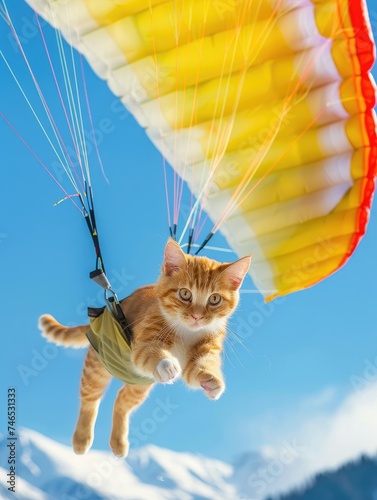 sport photography of a ginger tabby cat paraglider suspended in mid-air, soaring gracefully above --ar 3:4 --style raw --stylize 50 --v 6
