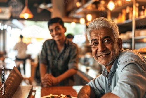 A Smiling Old Man Poses for a Photo with a Young Man in a Restaurant. Fictional Character Created By Generated By Generated AI.