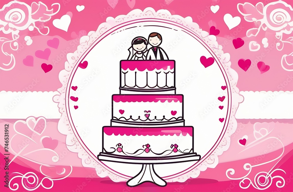 Greeting card in form of wedding cake with figures of bride and groom on top on pink background with hearts, invitation, romantic style Greeting card in form of wedding cake with figures of bride and groom on top on pink background with hearts, invitation, romantic style