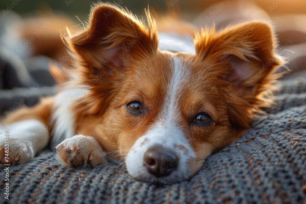 An intimate portrait of a brown and white dog at rest, deeply projecting peace and loyalty An intimate portrait of a brown and white dog at rest, deeply projecting peace and loyalty