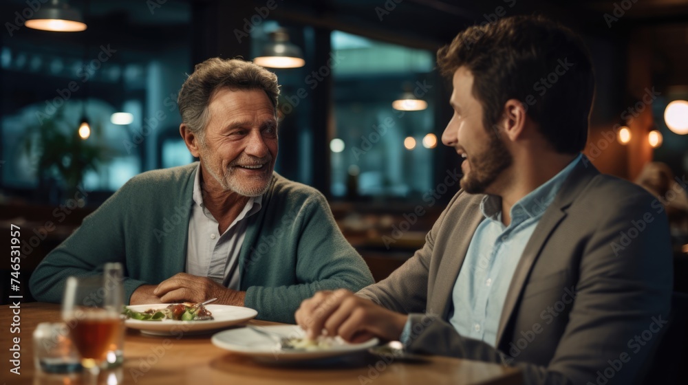 An Older Man and a Younger Man Share a Meal and Have a Laugh. Fictional Character Created By Generated By Generated AI.
