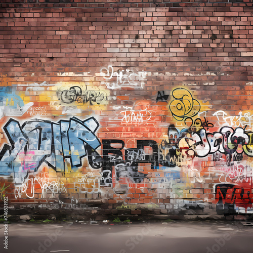 Grungy urban graffiti on a brick wall.