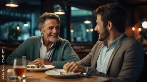 An Older Man and a Younger Man Share a Meal and Have a Laugh. Fictional Character Created By Generated By Generated AI.