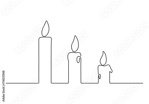 Continuous one line drawing of three candles. Isolated on white background vector illustration. Pro vector
