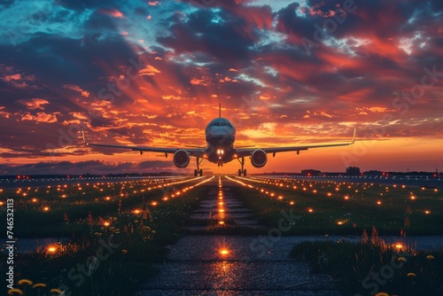 Dynamic shot of commercial airplane landing with a stunning sunset backdrop, symbolizing travel and adventure