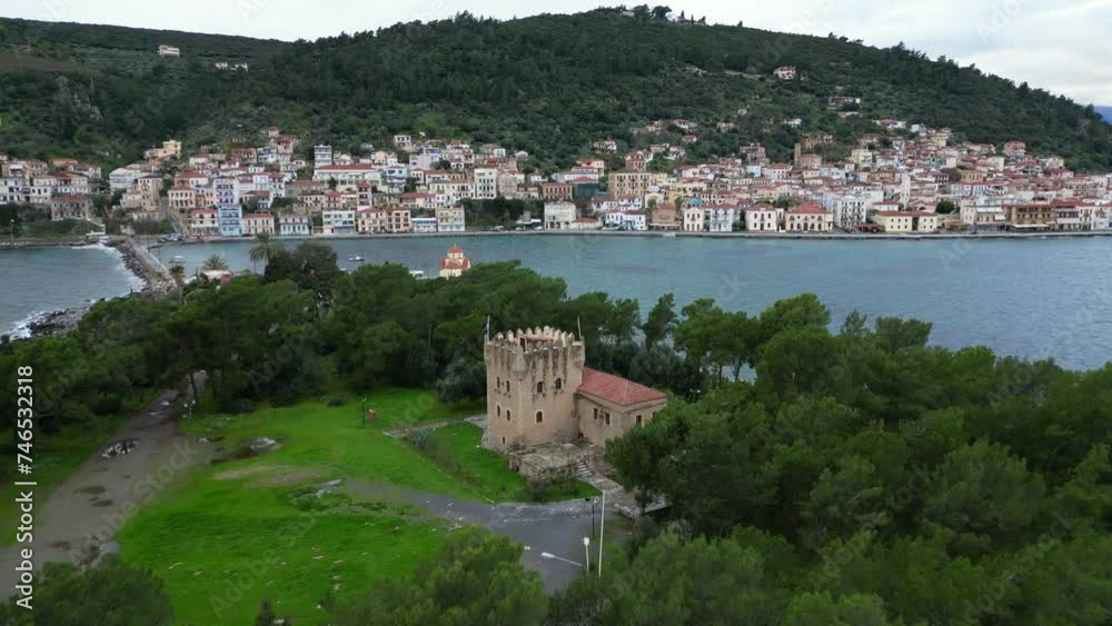Drone aerial view of Githio island (Gythio town) in Laconia, Peloponne -  picturesque small fishing village of Gytheio in South Peloponnese -  lighthouse and Green nature 