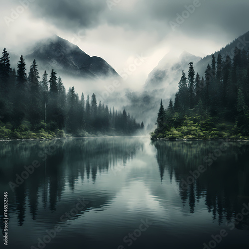Mysterious fog over a tranquil mountain lake. © Cao