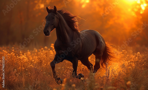 Black horse runs on the trees and grass on the background of the setting sun