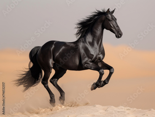 Black horse runs on sand in the desert