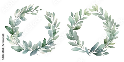 Watercolor illustration set with eucalyptus wreaths. Isolated on transparent background. Perfect for card, postcard, tags, invitation, printing, wrapping.