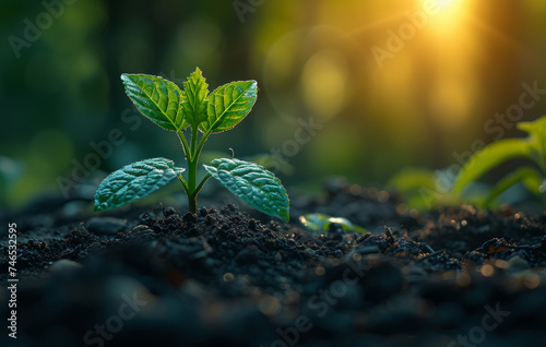 Young plant growing in the morning light and green nature bokeh background