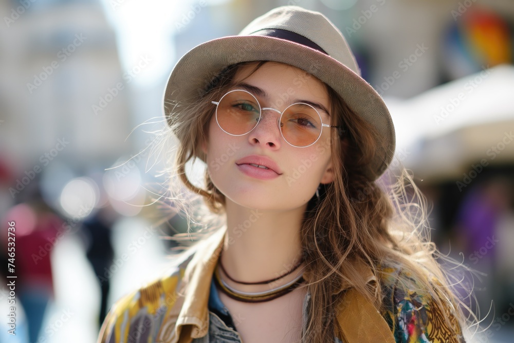 Young, fashionable woman in a fedora and round glasses, backlit by sunlight on a busy street, exuding a bohemian vibe Young, fashionable woman in a fedora and round glasses, backlit by sunlight on a busy street, exuding a bohemian vibe