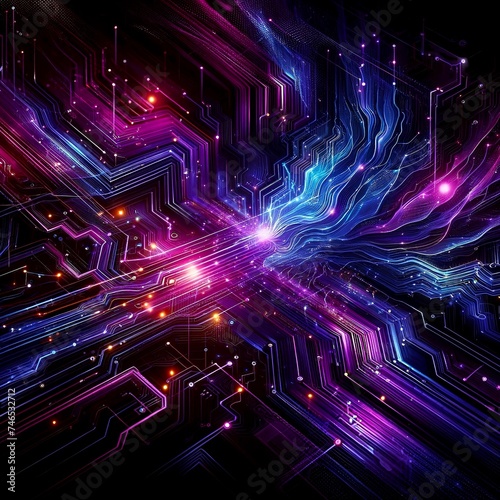 Abstract expression of digital connectivity, featuring circuit-like patterns and vibrant neon lights to symbolize the digital age 