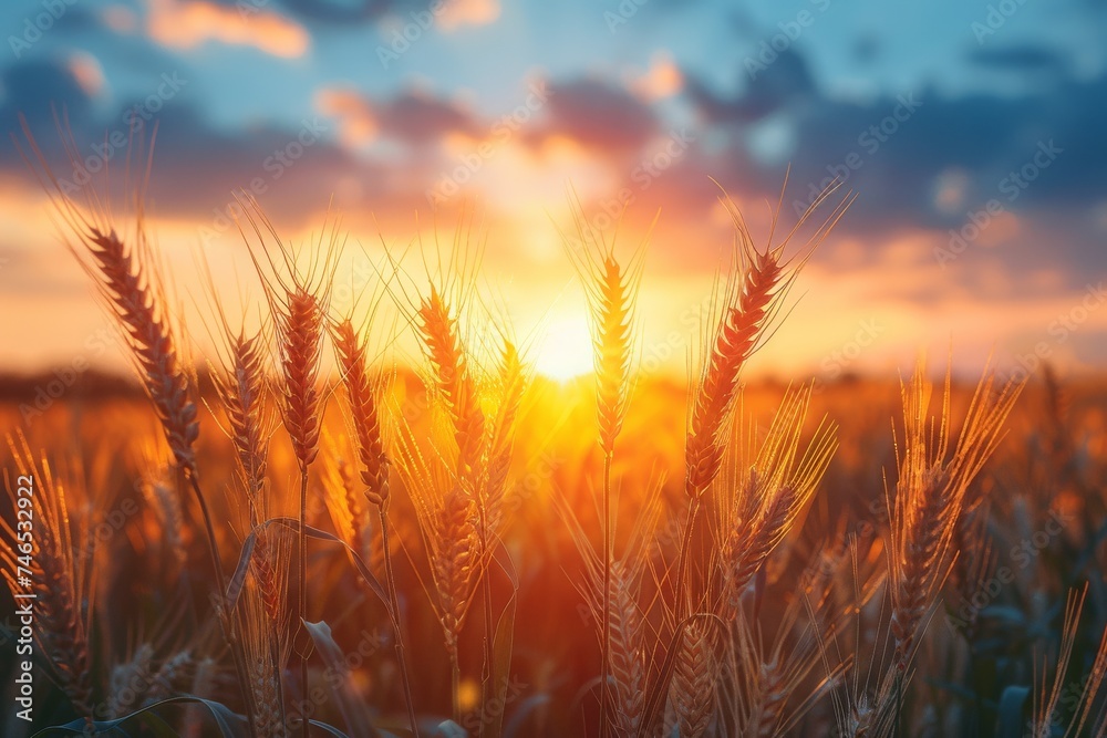 Serene sunset landscape with golden wheat ears backlit by the sun in a peaceful field, evoking tranquility and agriculture Serene sunset landscape with golden wheat ears backlit by the sun in a peaceful field, evoking tranquility and agriculture