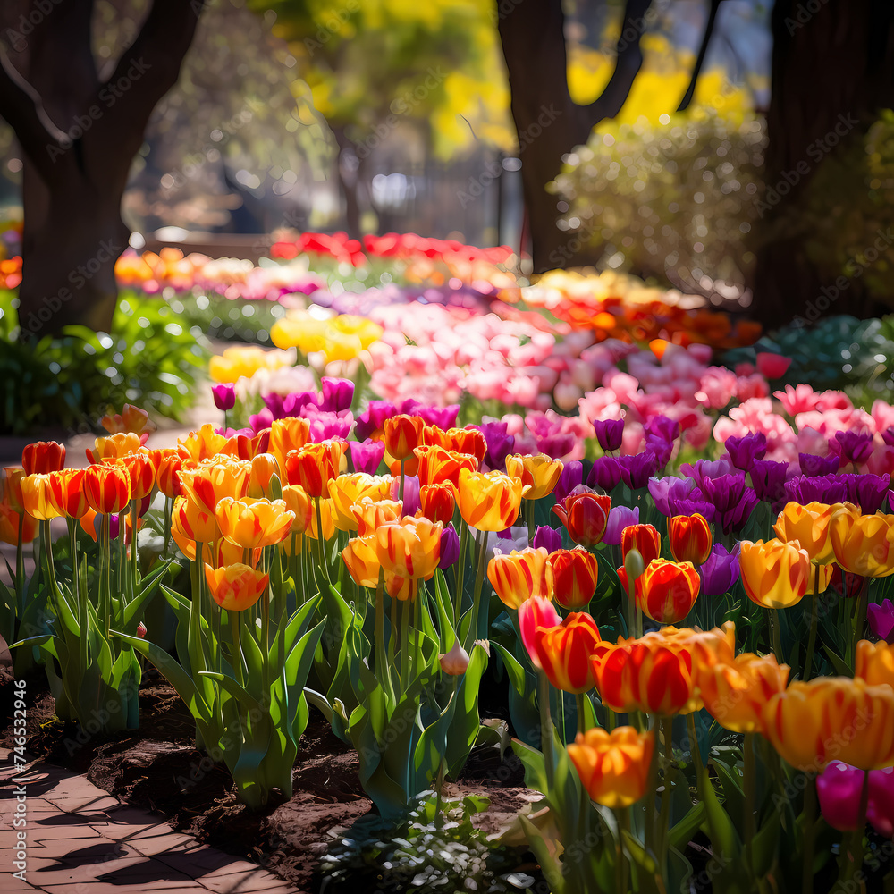 Rows of colorful tulips in a spring garden. 