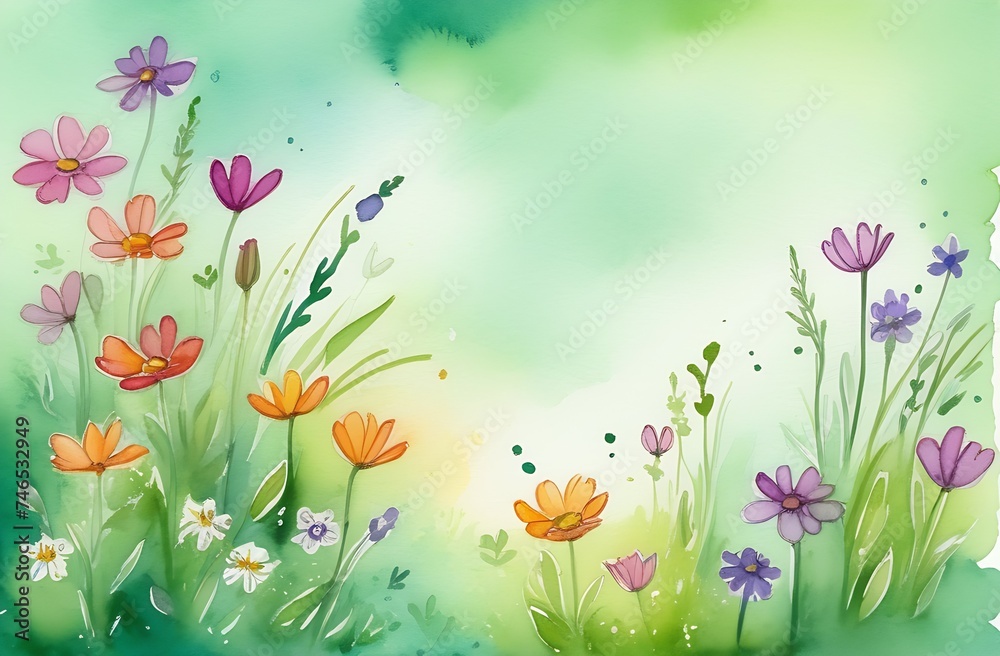 Watercolor illustration of delicate wildflowers on light green background, romantic template design with place for text for greetings, wedding cards, invitations, floral arrangement Watercolor illustration of delicate wildflowers on light green background, romantic template design with place for text for greetings, wedding cards, invitations, floral arrangement