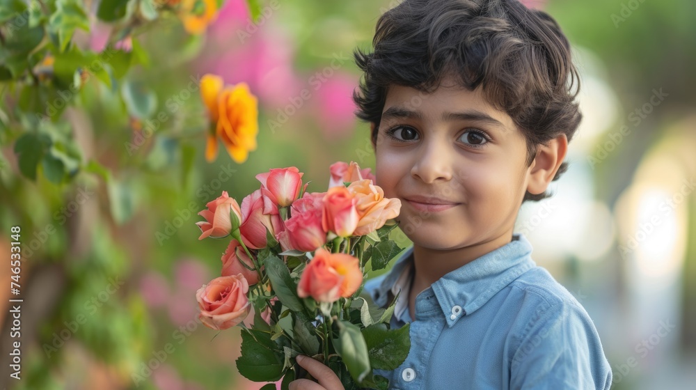 The little boy with a big bouquet of flowers. Fictional Character Created By Generated By Generated AI. The little boy with a big bouquet of flowers. Fictional Character Created By Generated By Generated AI.
