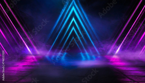 Dark stage shows, blue, and purple background, an empty dark scene, laser beams, neon, spotlights reflection on the asphalt floor, studio room with smoke floating up for display products