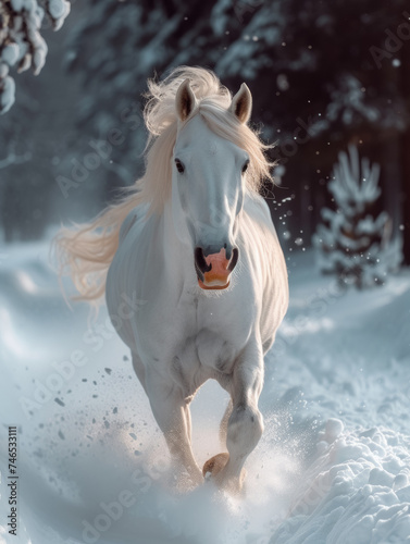 White shetland pony runs gallop in the snow