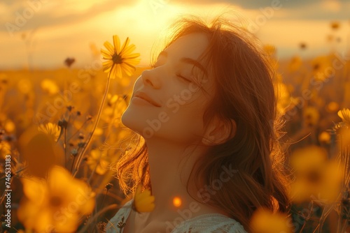 A young woman is immersed in a vibrant field of sunflowers, alluding to growth, joy, and nature's beauty