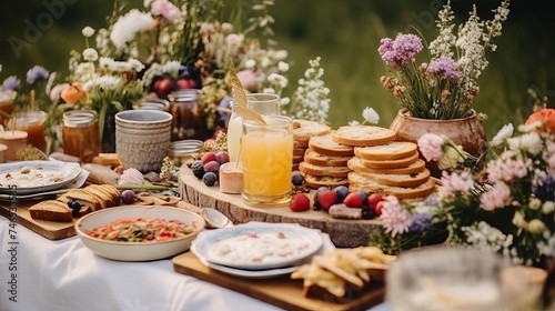 summer table in nature with snacks, wine and fresh flowers.
Concept: catering for picnics and feasts, organizing weddings and outdoor events.