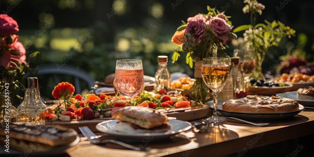 summer table in nature with snacks, wine and fresh flowers.
Concept: catering for picnics and feasts, organizing weddings and outdoor events.